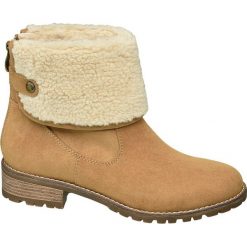 Beżowe botki damskie Highland Creek z wywijaną cholewką Highland Creek brązowe. Pomarańczowe botki damskie Highland Creek, z materiału, bez obcasa, na obcasie, na zamek. Za 119,90 zł.