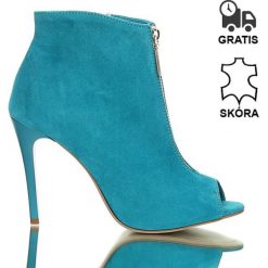Botki na obcasie (36). Niebieskie botki damskie J. Wolski, na lato, ze skóry, eleganckie, na wysokim obcasie, na obcasie, bez zapięcia. Za 239,00 zł.