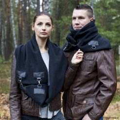 Szal wełniany ze skórą, Komin Unisex - Czarny. Czarne szaliki damskie Pakamera, ze skóry. Za 129,00 zł.