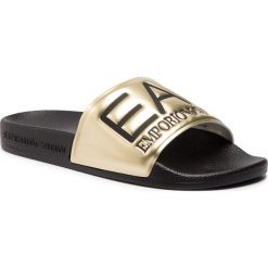 Klapki EA7 EMPORIO ARMANI - XCP001 XCC22 D467 Shiny Gold/Black. Żółte klapki damskie EA7 Emporio Armani, bez wzorów, ze skóry ekologicznej, bez obcasa. W wyprzedaży za 159,00 zł.