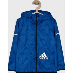 Adidas Performance - Kurtka dziecięca 110-176 cm. Niebieskie kurtki chłopięce marki adidas Performance, bez wzorów, z poliesteru, krótkie, z kapturem. Za 229,90 zł.