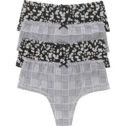 Stringi panty (4 pary) bonprix czarno-biało-jasnożółty w kwiaty. Czarne majtki damskie bonprix, w kwiaty. Za 51,96 zł.