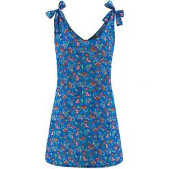 Top plażowy bonprix lazurowo-czarno-truskawkowo-miętowy wzorzysty. Niebieskie topy damskie bonprix, z szyfonu, z dekoltem w serek. Za 54,99 zł.