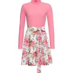 Sukienka w kwiaty bonprix różowo-biały w kwiaty. Różowe sukienki damskie bonprix, z aplikacjami, z neoprenu, bez kołnierzyka, bez rękawów. Za 149,99 zł.