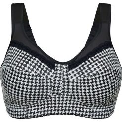 Biustonosz odciążający, bez fiszbinów bonprix czarno-biały z nadrukiem. Czarne biustonosze marki bonprix, z nadrukiem, z materiału. Za 59,99 zł.