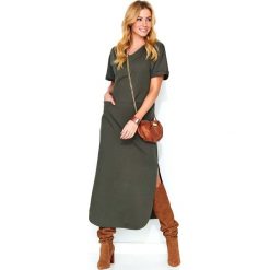 Khaki Nowoczesna Dresowa Maxi Sukienka z Krótkim Rękawem. Brązowe sukienki damskie Molly.pl, na co dzień, l, bez wzorów, z dzianiny, sportowe, bez kołnierzyka, z krótkim rękawem, krótkie, mini, proste. Za 128,90 zł.