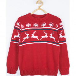 Sweter. Czerwone swetry chłopięce marki Merry Christmas, z nadrukiem, z bawełny. Za 24,90 zł.