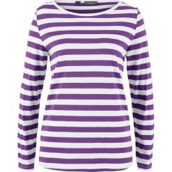 Shirt bawełniany z przędzy mieszankowej, długi rękaw bonprix ciemnofioletowy - biel wełny w paski. Fioletowe koszulki damskie marki bonprix, w paski, z bawełny, bez kołnierzyka, z długim rękawem. Za 21,99 zł.