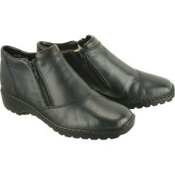 RIEKER L6091-15 blue combination, botki damskie. Niebieskie botki damskie Rieker, ze skóry, bez obcasa, na zamek. Za 269,90 zł.