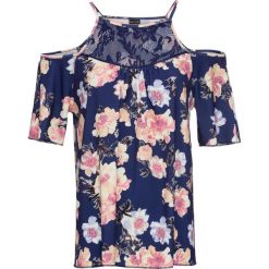 Shirt z koronką bonprix ciemnoniebieski w kwiaty. Niebieskie koszulki damskie marki bonprix, z nadrukiem, z koronki, bez kołnierzyka. Za 79,99 zł.