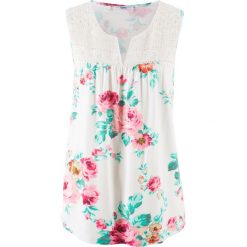 Top dzianinowy z koronką bonprix biały w kwiaty. Białe topy damskie bonprix, w koronkowe wzory, z dzianiny. Za 54,99 zł.