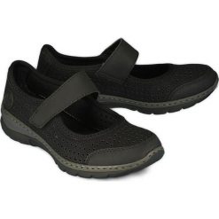 RIEKER L32B5-00 black, półbuty damskie. Czarne półbuty damskie Rieker, bez wzorów, bez obcasa, bez zapięcia. Za 259,90 zł.