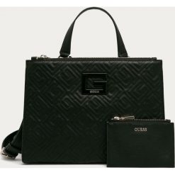 Guess Jeans - Torebka. Czarne torby damskie na zakupy Guess Jeans, w paski, z bawełny, na ramię, duże, z aplikacjami. Za 729,90 zł.