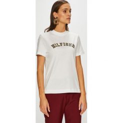 Tommy Hilfiger - Top. Szare topy damskie TOMMY HILFIGER, l, z aplikacjami, z bawełny, z okrągłym kołnierzem. Za 199,90 zł.