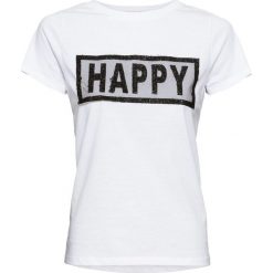 T-shirt z połyskującym napisem bonprix biały. Białe koszulki damskie bonprix, z haftami, z okrągłym kołnierzem, bez rękawów. Za 37,99 zł.