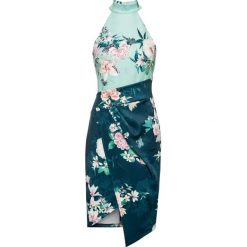 Sukienka z dekoltem halter w kwiaty bonprix ciemnoniebiesko-turkusowy w kwiaty. Niebieskie sukienki damskie bonprix, w kwiaty, bez kołnierzyka, bez rękawów. Za 134,99 zł.