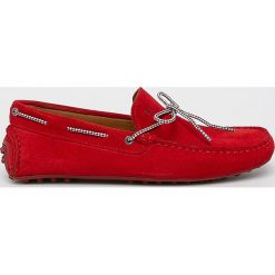 Trussardi Jeans - Mokasyny. Czerwone mokasyny męskie Trussardi Jeans, bez wzorów, z jeansu, z okrągłym noskiem, bez zapięcia. W wyprzedaży za 439,90 zł.