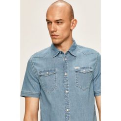 Guess Jeans - Koszula. Niebieskie koszule męskie Guess Jeans, s, z aplikacjami, z elastanu, klasyczne, z klasycznym kołnierzykiem, z krótkim rękawem. Za 329,90 zł.