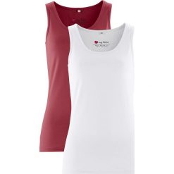 Top ze stretchem (2 szt. w opak.) bonprix bordowy + biały. Białe topy damskie bonprix, z materiału, z okrągłym kołnierzem. Za 39,98 zł.