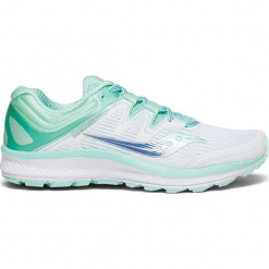 Buty sportowe "Guide Iso" w kolorze biało-turkusowym. Białe buty sportowe damskie Saucony, z materiału. W wyprzedaży za 309,95 zł.