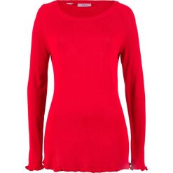 Sweter dzianinowy z falbanami bonprix truskwkowy. Czerwone swetry damskie bonprix, bez wzorów, z dzianiny, bez rękawów, bez kaptura. Za 54,99 zł.