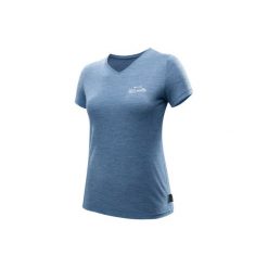 Koszulka turystyczna z krótkim rękawem TRAVEL 500 WOOL damska. Niebieskie t-shirty damskie marki FORCLAZ, l, z materiału. Za 59,99 zł.