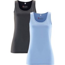 Top ze stretchem (2 szt. w opak.) bonprix perłowy niebieski + antracytowy melanż. Szare bluzki damskie marki bonprix, melanż, z materiału, z okrągłym kołnierzem. Za 39,98 zł.