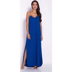 Niebieska Elegancka Wieczorowa Sukienka Maxi na Łańcuszku. Niebieskie sukienki damskie Molly.pl, na sylwestra, s, bez wzorów, eleganckie, bez kołnierzyka, z długim rękawem, długie, maxi. Za 189,90 zł.