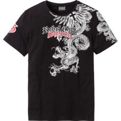 T-shirt Slim Fit bonprix czarny. Czarne koszulki męskie bonprix, s, z nadrukiem, bez kołnierzyka. Za 34,99 zł.
