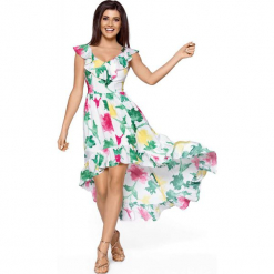 Elegancka Maxi Kolorowa Sukienka w Typu Hiszpanka. Białe długie sukienki marki Molly.pl, na lato, l, w kolorowe wzory, z satyny, eleganckie, z dekoltem typu hiszpanka, dopasowane. Za 259,90 zł.