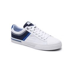 Tenisówki w kolorze biało-granatowym. Niebieskie trampki męskie Melissa, Pepe Jeans, bez wzorów, z materiału, na sznurówki. W wyprzedaży za 119,95 zł.