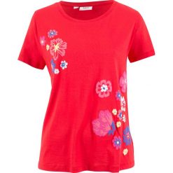 Shirt z krótkim rękawem i nadrukiem bonprix truskawkowy z nadrukiem. Czerwone koszulki damskie marki bonprix, z nadrukiem, bez kołnierzyka, z krótkim rękawem. Za 37,99 zł.