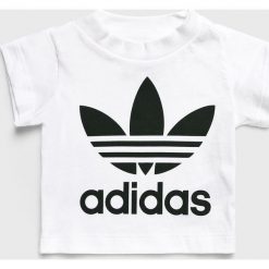 Adidas Originals - Top dziecięcy 62-104 cm. Białe bluzki dziewczęce adidas Originals, z nadrukiem, z bawełny, z okrągłym kołnierzem, z krótkim rękawem, krótkie, bez kaptura. Za 59,90 zł.