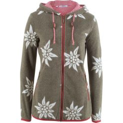 Bluza rozpinana z polaru w stylowy biały wzór bonprix ciemnooliwkowy melanż. Zielone bluzy damskie bonprix, bez wzorów, z polaru, bez rękawów, bez kaptura. Za 109,99 zł.