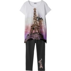 Shirt + legginsy 3/4 (2 części) bonprix biało-czarny. Białe legginsy dziewczęce bonprix, z nadrukiem. Za 54,99 zł.