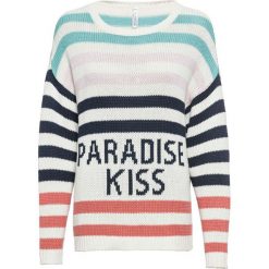 Sweter w paski bonprix biel wełny w paski. Białe swetry damskie bonprix, w paski, z wełny, bez rękawów, bez kaptura. Za 54,99 zł.
