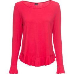 Shirt z długim rękawem i falbaną bonprix czerwony. Czerwone koszulki damskie marki bonprix, bez wzorów, z okrągłym kołnierzem, z długim rękawem. Za 37,99 zł.