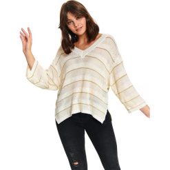 Luźny sweter w pasy. Brązowe swetry damskie Top Secret, na zimę, w paski, z dzianiny, bez rękawów, bez kaptura. W wyprzedaży za 59,99 zł.