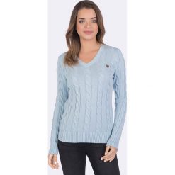 Sweter w kolorze błękitnym. Niebieskie swetry damskie Giorgio di Mare, s, z aplikacjami, z bawełny, bez rękawów, bez kaptura. W wyprzedaży za 149,95 zł.