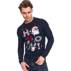 Sweter ze świątecznym motywem. Niebieskie swetry męskie na zimę, xxl, z jeansu, klasyczne, z okrągłym kołnierzem. W wyprzedaży za 49,99 zł.