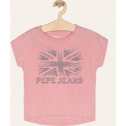Pepe Jeans - T-shirt dziecięcy Maripaz 128-178/180 cm. Różowe bluzki dziewczęce Pepe Jeans, z aplikacjami, z bawełny, z okrągłym kołnierzem, z krótkim rękawem, krótkie, bez kaptura. Za 129,90 zł.