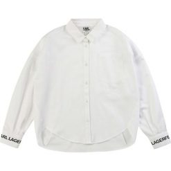 Karl Lagerfeld - Koszula dziecięca 114-150 cm. Białe bluzki dziewczęce KARL LAGERFELD, z nadrukiem, z bawełny, bez kołnierzyka, z długim rękawem, długie, bez kaptura. Za 329,90 zł.