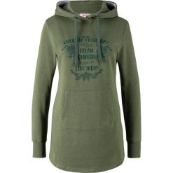 Długa bluza z nadrukiem bonprix ciemny khaki melanż. Zielone bluzy damskie bonprix, z nadrukiem, z długim rękawem, długie, bez kaptura. Za 99,99 zł.