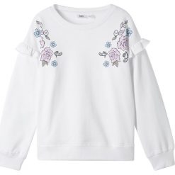 Bluza z falbanami bonprix biały. Białe bluzy dziewczęce bonprix, z nadrukiem, bez rękawów, bez kaptura. Za 54,99 zł.