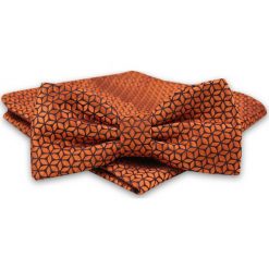 Pomarańczowa Mucha Męska -ALTIES- z Taką Samą Poszetką, Wzór Geometryczny MUALTS0654. Pomarańczowe muszki męskie Alties, na imprezę, w paski, eleganckie. Za 40,00 zł.