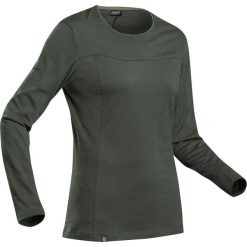 Koszulka trekkingowa - TRAVEL 500 MERINO damska. Różowe buty trekkingowe damskie FORCLAZ, m, bez wzorów, z wełny, bez kołnierzyka. Za 159,99 zł.