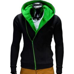 BLUZA MĘSKA ROZPINANA Z KAPTUREM PRIMO - CZARNO/ZIELONA. Czarne bluzy męskie rozpinane marki Ombre Clothing, m, z bawełny, z kapturem. Za 75,00 zł.
