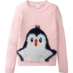 Sweter dzianinowy bonprix pastelowy jasnoróżowy - pingwin. Różowe swetry dziewczęce bonprix, bez wzorów, z dzianiny, z okrągłym kołnierzem, bez rękawów, bez kaptura. Za 32,99 zł.