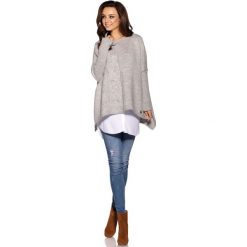 Asymetryczny Jasnoszary Sweter Ponczo z Warkoczem. Szare poncza damskie marki Molly.pl, uniwersalny, bez wzorów, z jeansu, eleganckie, z długim rękawem, długie, bez kaptura. Za 109,90 zł.