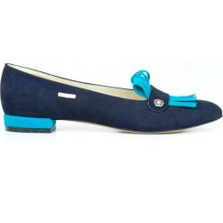 Dwukolorowe balerinki z frędzlami - skóra naturalna - model 046 - kolor granat nubuk+lazur. Szare baleriny damskie Zapato, bez wzorów, z jeansu, klasyczne, bez obcasa, na obcasie. W wyprzedaży za 179,40 zł.